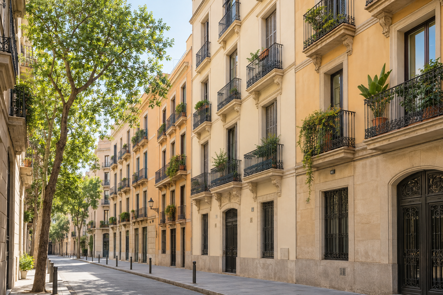Wohnhäuser mit Balkonen in einer Straße im spanischen Baustil