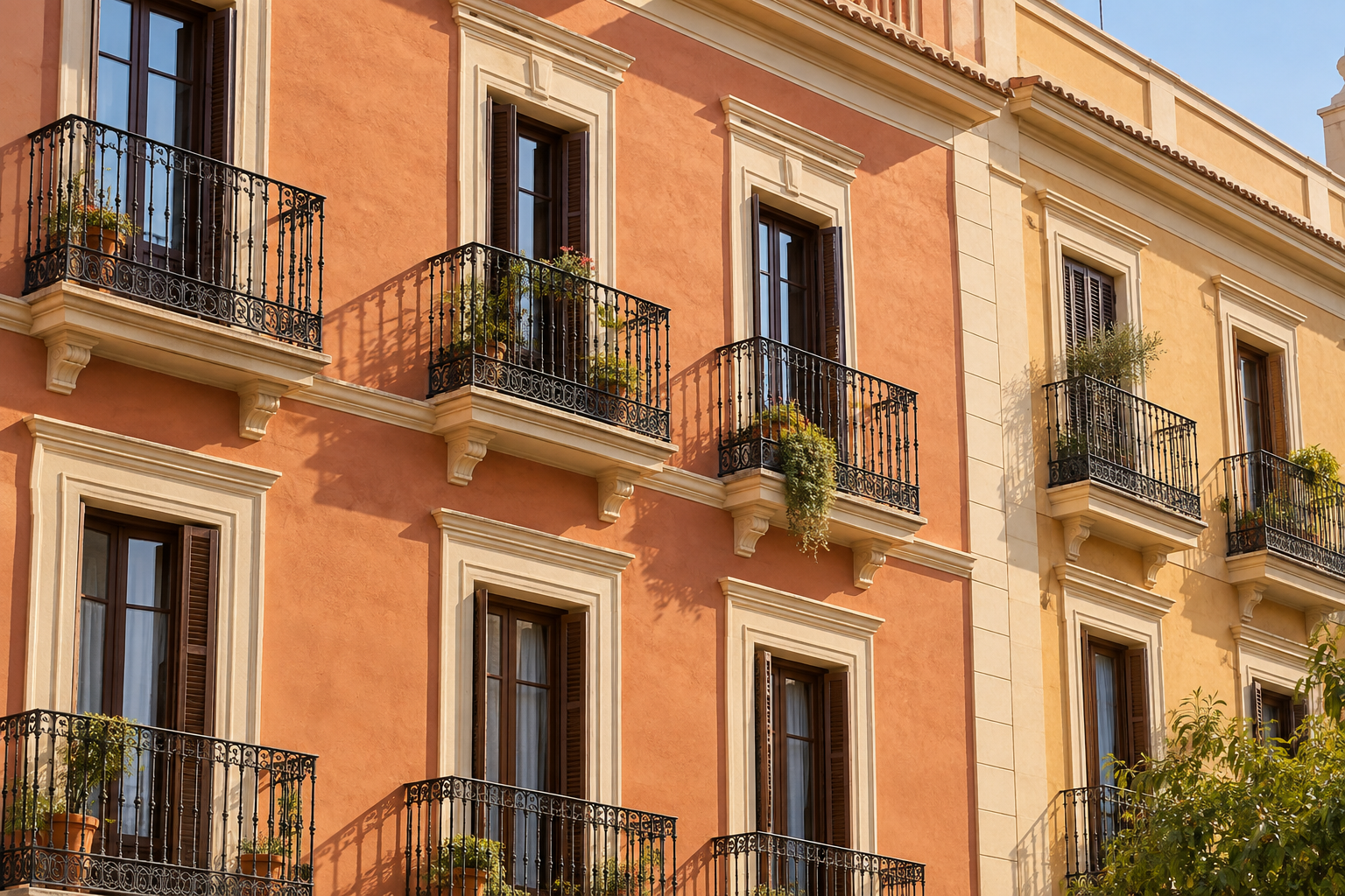 Warme Hausfassade mit Balkonen im spanischen Baustil