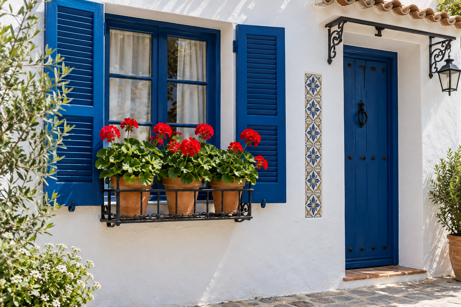 Weiße Hausfassade mit blauen Fensterläden und Blumentöpfen